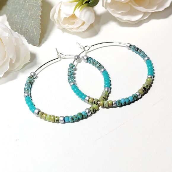 seed bead earrings 686#mfs Seed beaded minimalist hoop earrings sweater stripes - Picture 3 of 6
